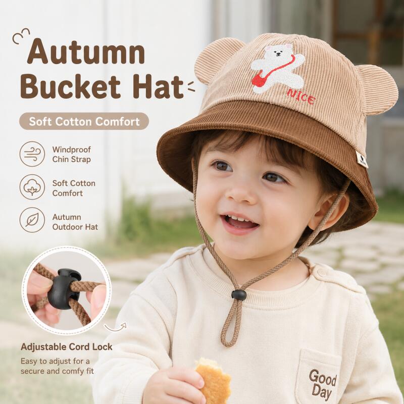 Kids Bear Ear Bucket Hat Soft  - Kids Outdoor Hat ulasan dan harga