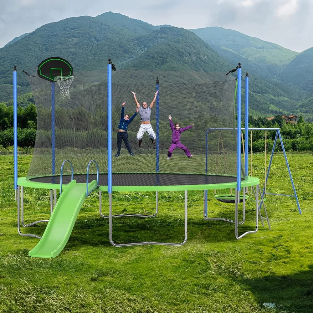 US Shipping 12-14FT Trampoline - Kids Outdoor Swing Set With Slide ulasan dan harga
