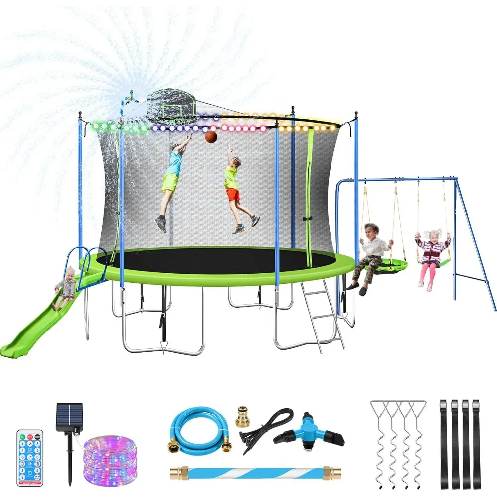 US Shipping 12-14FT Trampoline - Kids Outdoor Swing Set With Slide ulasan dan harga