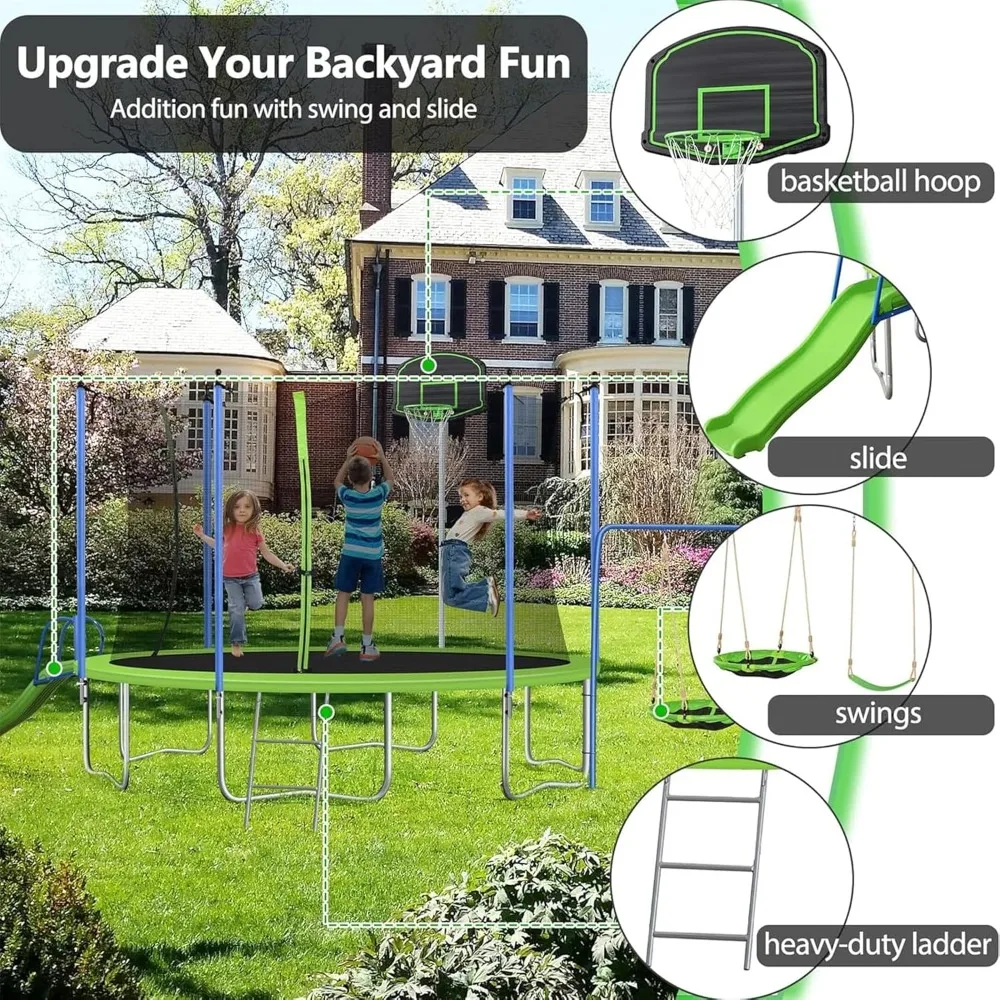 US Shipping 12-14FT Trampoline - Kids Outdoor Swing Set With Slide ulasan dan harga
