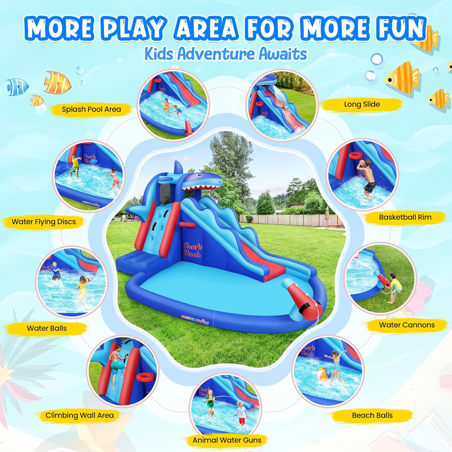 Shark-Themed Inflatable Water  - Kids Outdoor Water Park ulasan dan harga